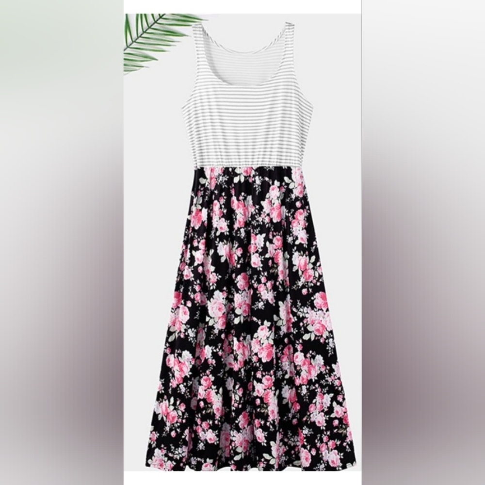 Sleeveless Floral and Striped Medium Dress Black Floral - Picture 4 of 4